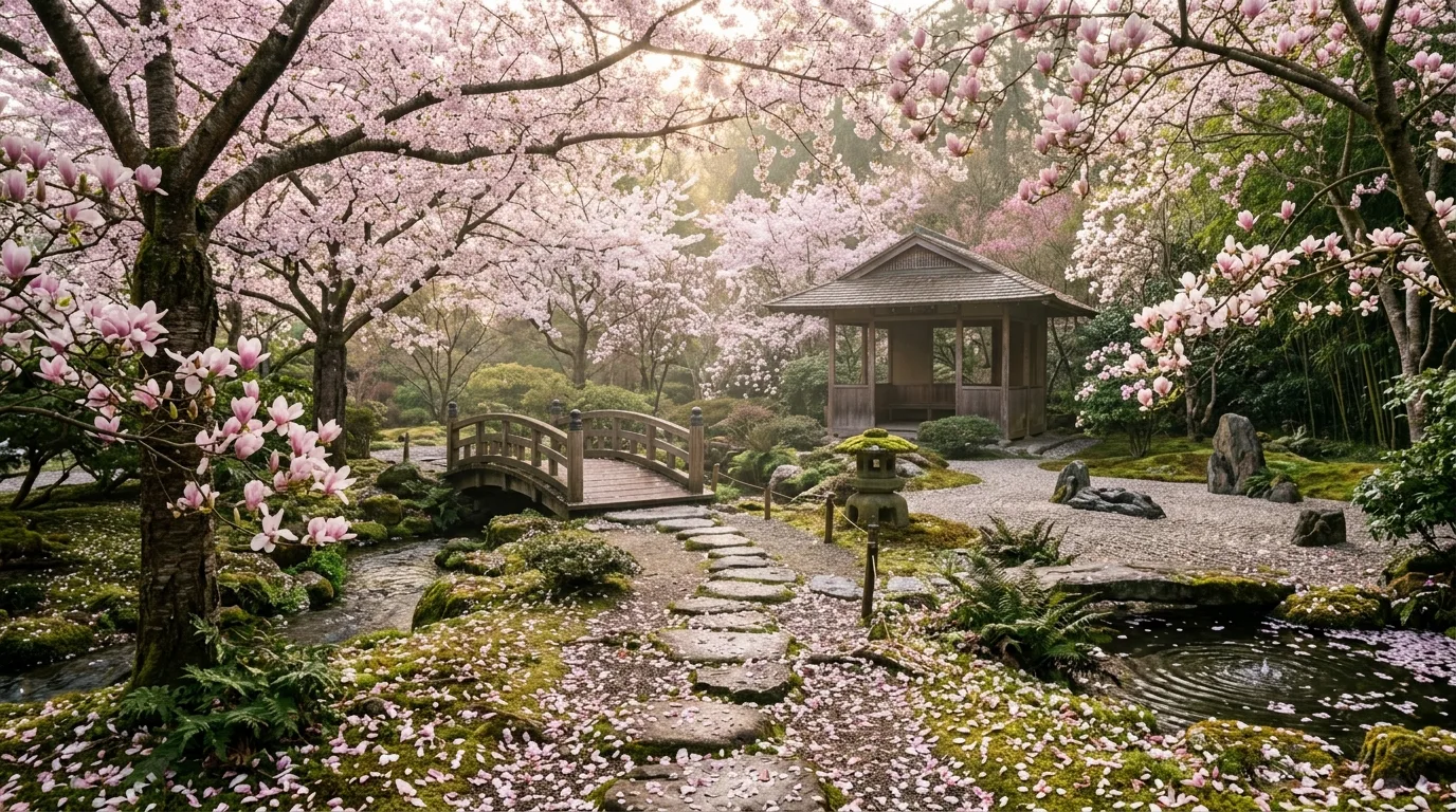 Cherry Blossoms and Magnolias in a Zen Garden